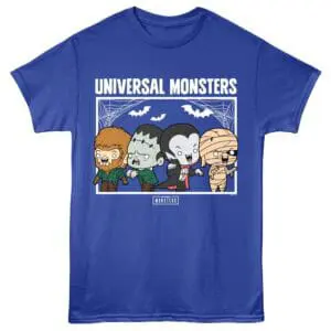 Cartoon Universal Monsters T-shirt featuring iconic horror characters like Dracula, Frankenstein, The Mummy.