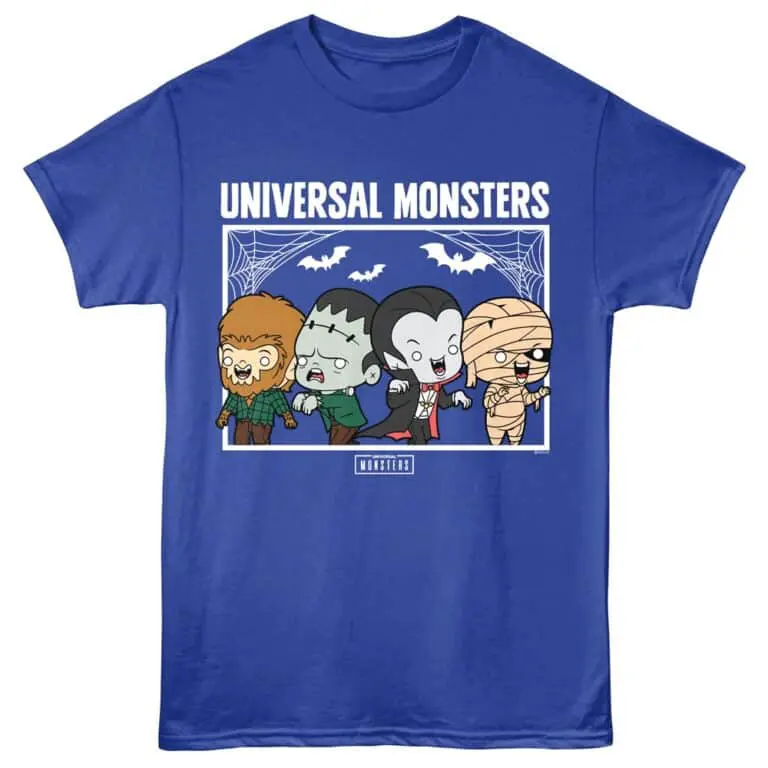 Cartoon Universal Monsters T-shirt featuring iconic horror characters like Dracula, Frankenstein, The Mummy.