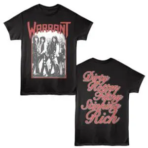 Black T-shirt featuring Warrants band logo, vintage rock vibe, and bold graphic print.