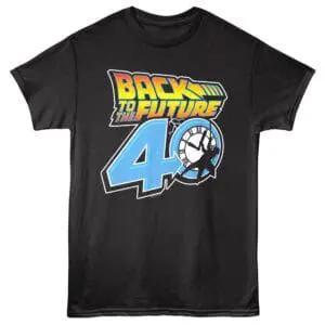 Black T-shirt featuring "Back to the Future" themed graphic celebrating 40th anniversary. Perfect for fans of vintage sci-fi style.