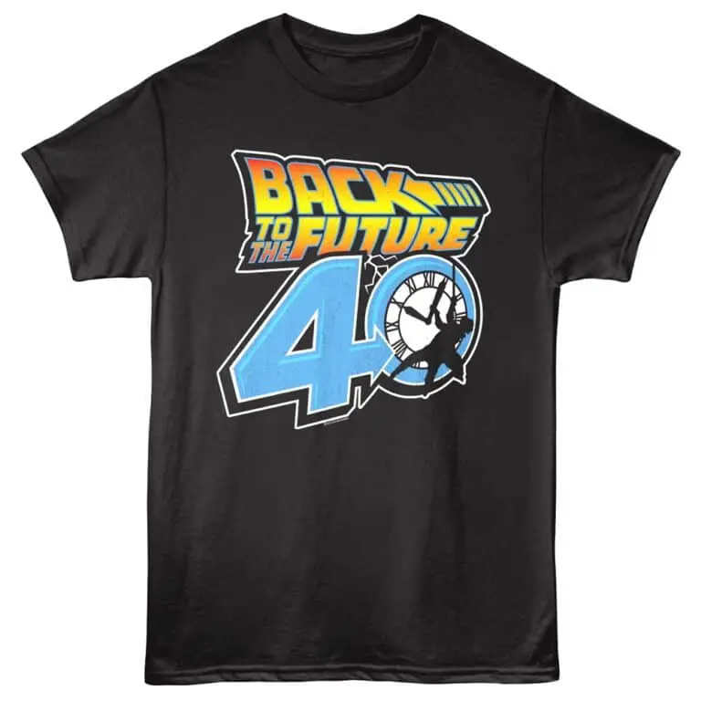 Black T-shirt featuring "Back to the Future" themed graphic celebrating 40th anniversary. Perfect for fans of vintage sci-fi style.