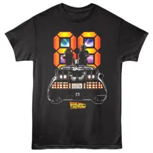 "Back to the Future" themed t-shirt featuring a DeLorean car and a digital clock display, perfect for sci-fi fans and vintage movie lovers.