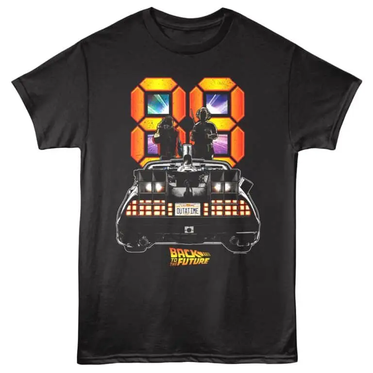 "Back to the Future" themed t-shirt featuring a DeLorean car and a digital clock display, perfect for sci-fi fans and vintage movie lovers.