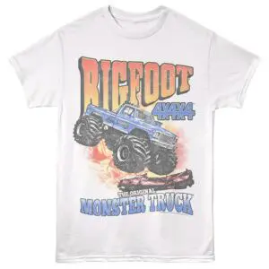 Colorful graphic of a classic Bigfoot monster truck on a vintage-style tee. Perfect for monster truck fans and enthusiasts.
