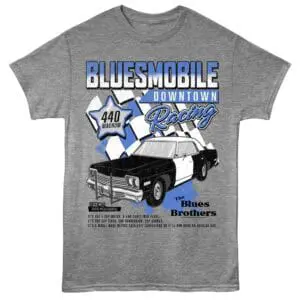 Vintage race car graphic on gray tee, perfect for motorsport and car enthusiasts.