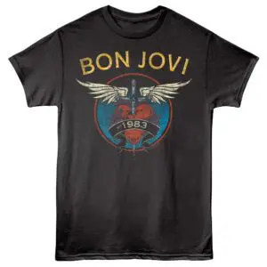 Bon Jovi band logo t-shirt featuring skull, wings, and "EST. 1983" text.