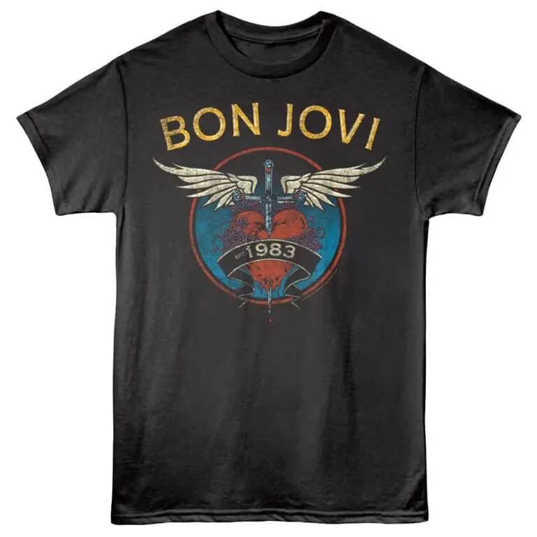 Bon Jovi band logo t-shirt featuring skull, wings, and "EST. 1983" text.