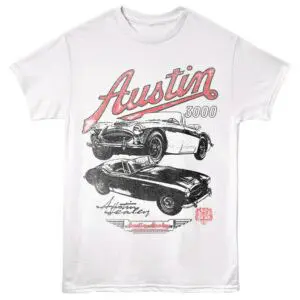 Vintage Austin car artwork T-shirt emphasizing classic automotive design and racing heritage.