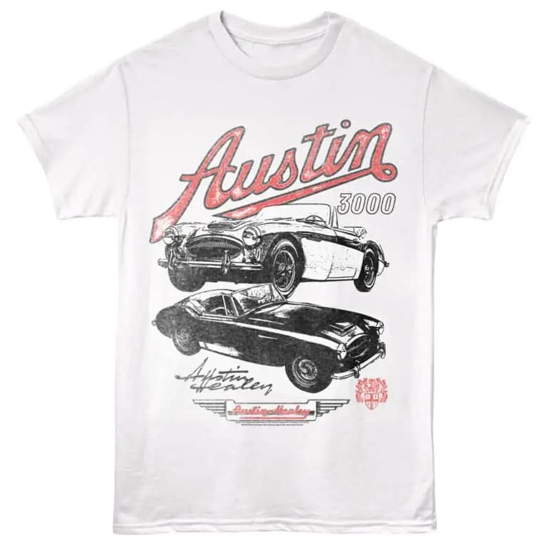 Vintage Austin car artwork T-shirt emphasizing classic automotive design and racing heritage.