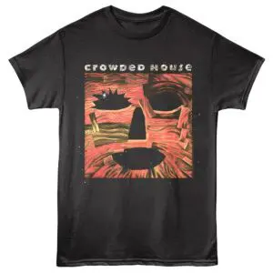 Bright abstract face graphic on black t-shirt with "Crowded House" text for music fans.
