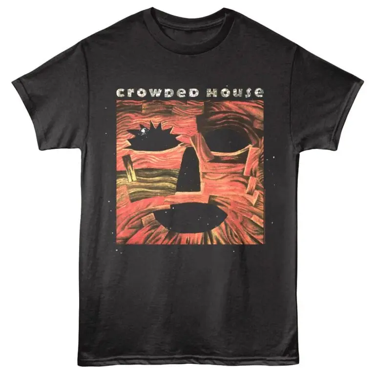 Bright abstract face graphic on black t-shirt with "Crowded House" text for music fans.