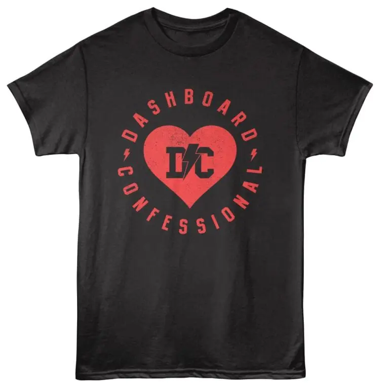 Graphic tee with "Dashboard Confessional" design, heart logo, and bold lettering, perfect for music fans.