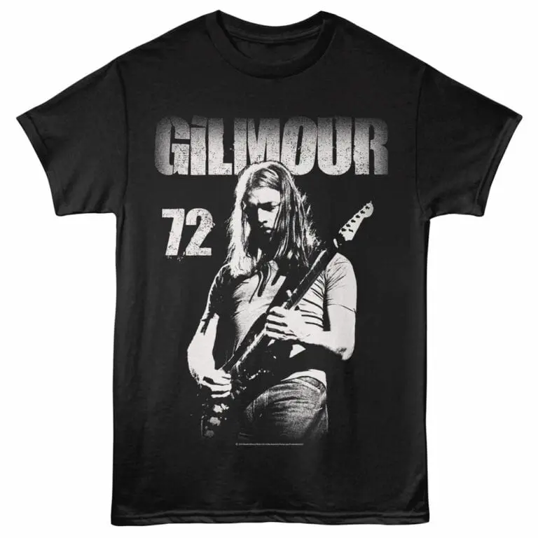 Stylish black T-shirt featuring a female guitarist with bold text "Glamour" and "72" for trendy rock music fans.