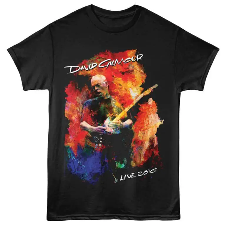 Colorful watercolor guitar print t-shirt featuring David Gilmour and "Live 2016" text.