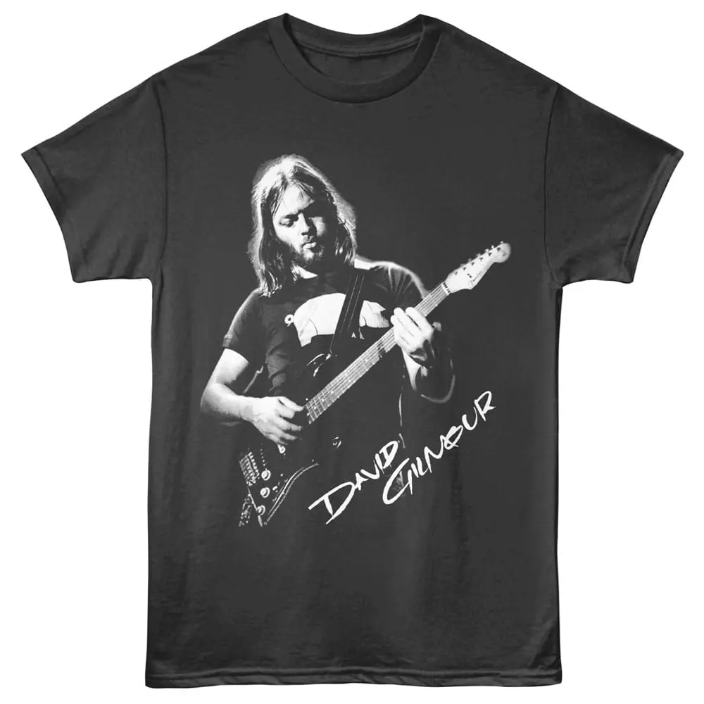 A black and white David Gilmour guitar t-shirt highlighting legendary musician's iconic image and signature.