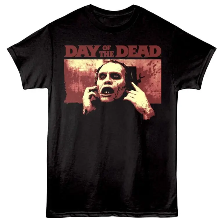 Zombie graphic T-shirt inspired by Day of the Dead horror theme, perfect for Halloween or gothic fashion.