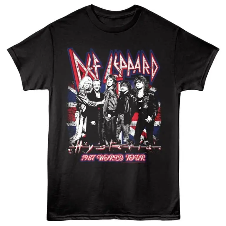 Vivid graphic band tee featuring Def Leppard's 1987 world tour artwork.
