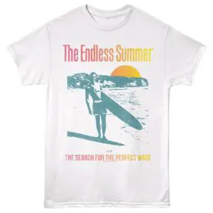 Sunset and surfer graphic on a white T-shirt, perfect for summer beachwear.