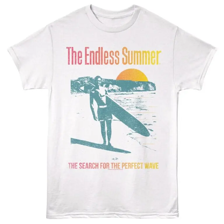 Sunset and surfer graphic on a white T-shirt, perfect for summer beachwear.
