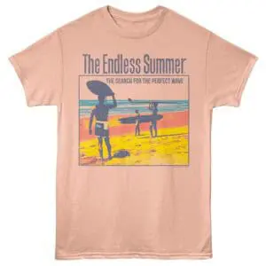 Colorful summer beach t-shirt with surfers and ocean scene, perfect for beach lovers and summer fashion.