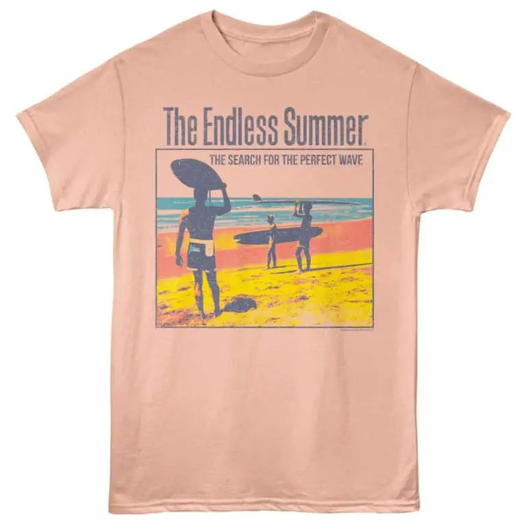 Colorful summer beach t-shirt with surfers and ocean scene, perfect for beach lovers and summer fashion.