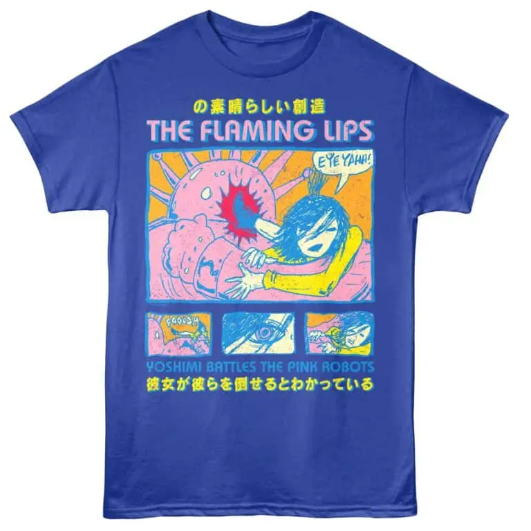 Anime girls battling pink robots T-shirt with vibrant streetwear style and Japanese text, ideal for pop culture and anime enthusiasts.