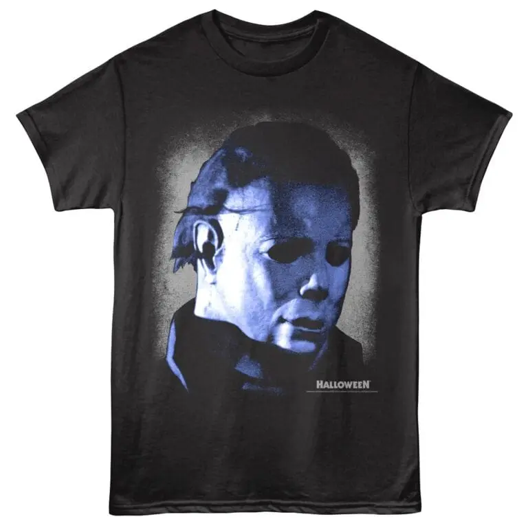 Scary Halloween Michael Myers mask graphic on black T-shirt, perfect for horror fans.