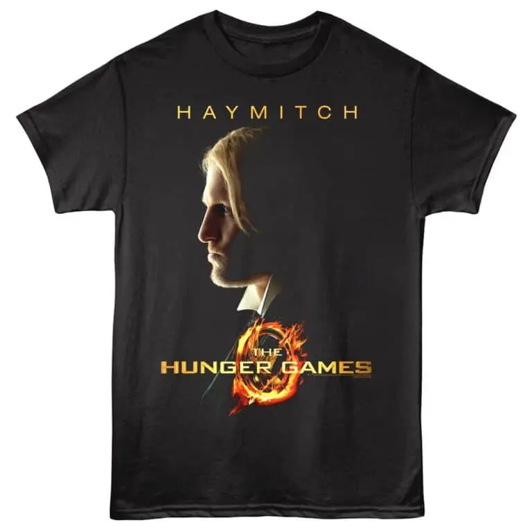Graphic T-shirt featuring Haymitch Abernathy from The Hunger Games with logo.