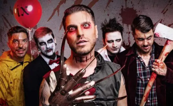 Haunted horror-themed group with zombie makeup for Halloween costumes and scary characters.