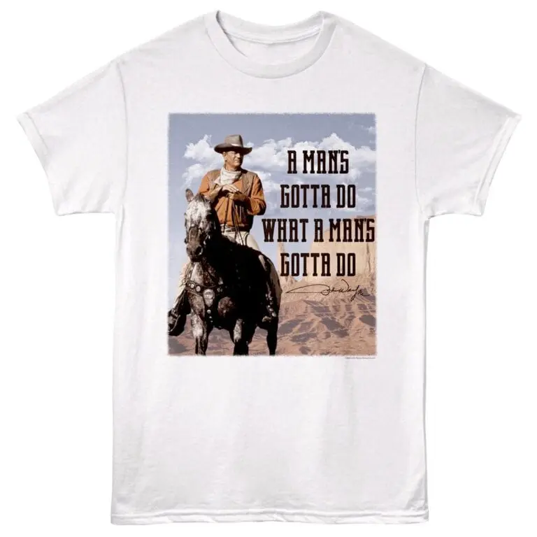 Cowboy graphic T-shirt featuring man riding horse and inspirational quote.