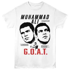 Black and white Muhammad Ali graphic tee for boxing fans. Affordable sportswear with iconic design.