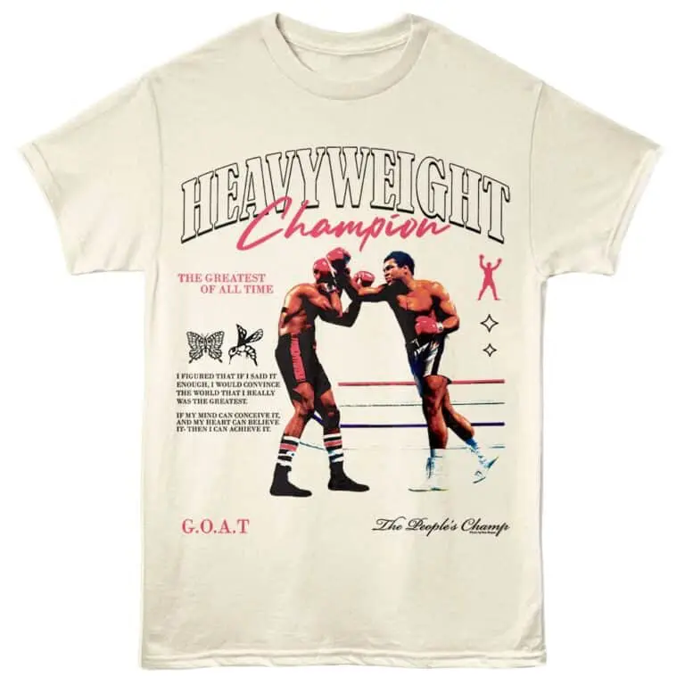 Vintage boxing champion shirt with boxer fight scene for men's fitness and sports apparel.