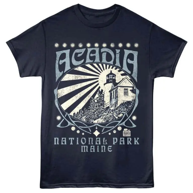 Vintage-style lighthouse graphic shirt celebrating Acadia National Park, Maine, perfect for nature lovers.