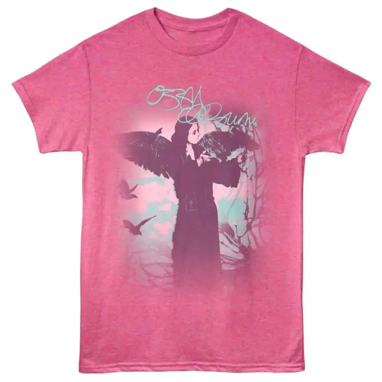 Gothic Ozzy Osbourne t-shirt featuring dark silhouette and vibrant pink background, ideal for rock music enthusiasts.