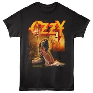 Ozzy Osbourne Halloween graphic t-shirt featuring spooky pumpkin and fiery autumn scene, ideal for horror and music enthusiasts.