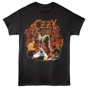 Ozzy Osbourne graphic tee with fiery wizard and black cat, ideal for rock music fans and concert merchandise.