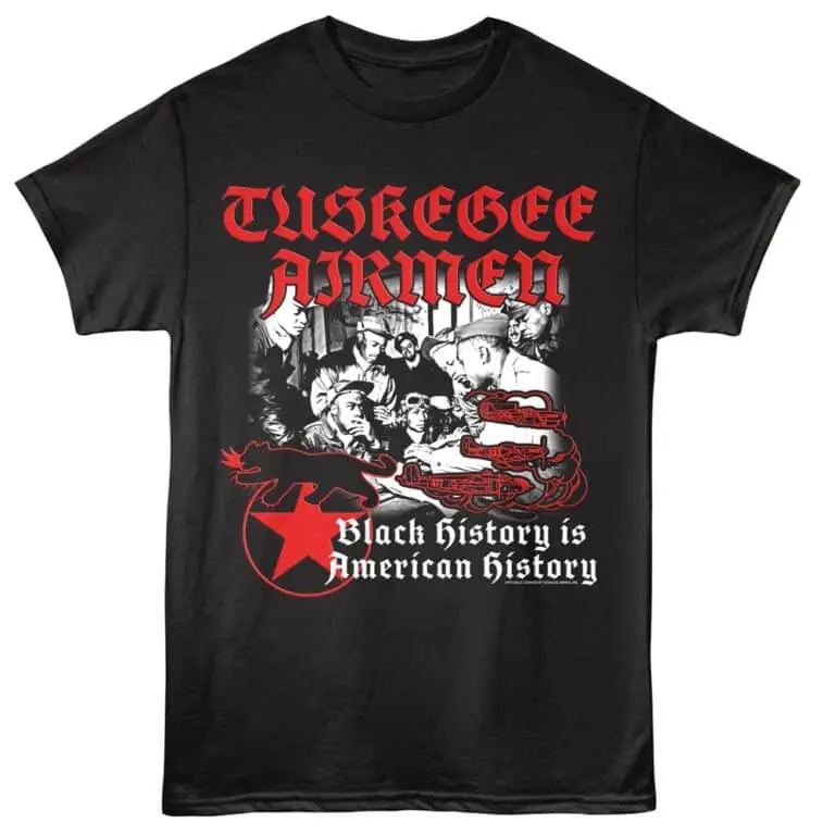 Bold black T-shirt with red and white graphic design celebrating Black history in America.