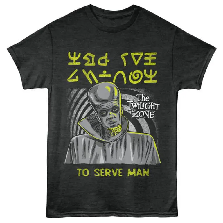 An eerie Twilight Zone-themed T-shirt featuring an alien character and the phrase "To Serve Man" for sci-fi enthusiasts.