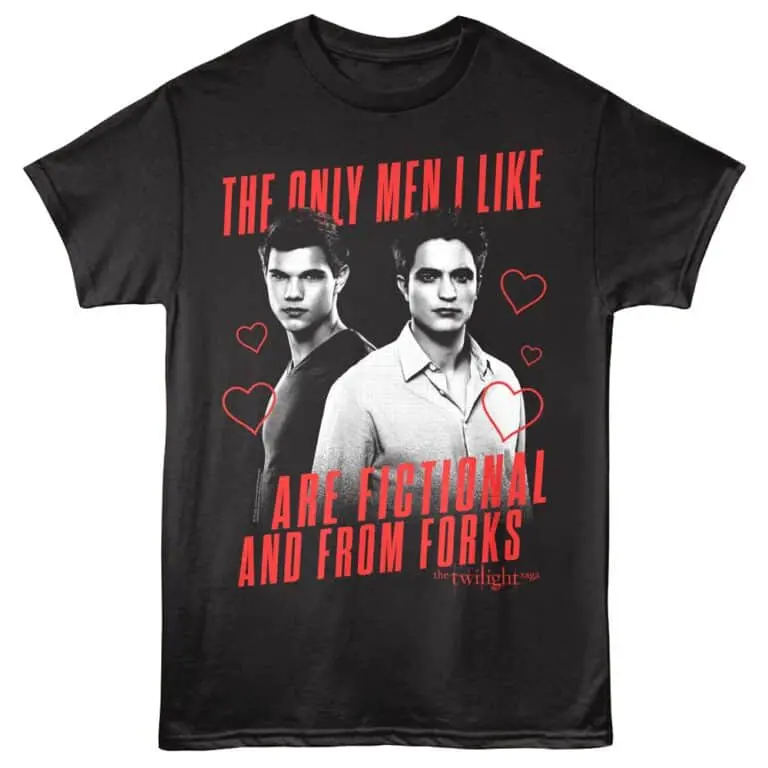 Bold black T-shirt featuring a Twilight-themed design with two male characters, romantic hearts, and the phrase "The only men I like are fictional and from forks.".