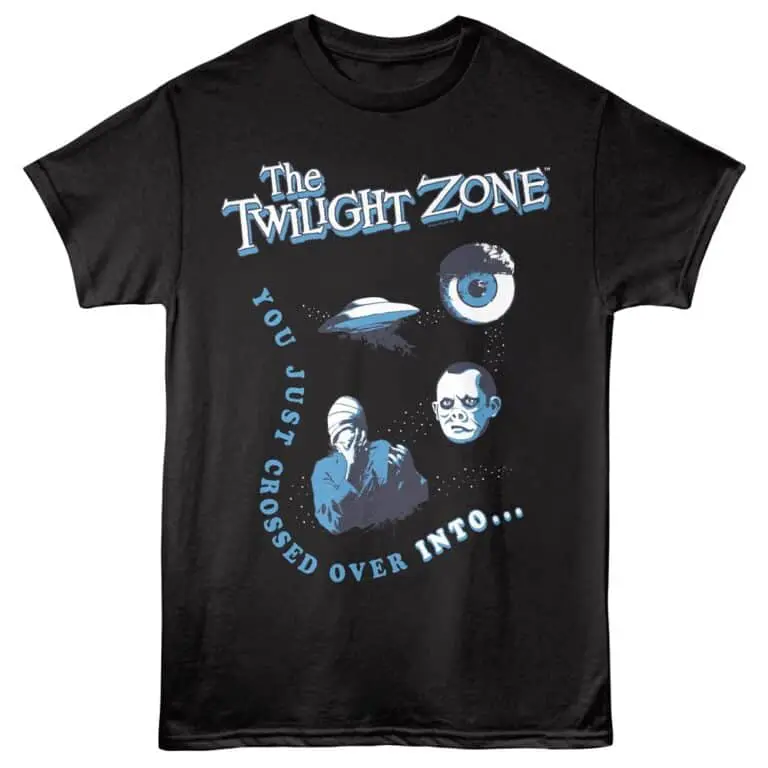 A black T-shirt featuring the Twilight Zone logo, with vintage sci-fi imagery including an eyeball, spaceship, and character.