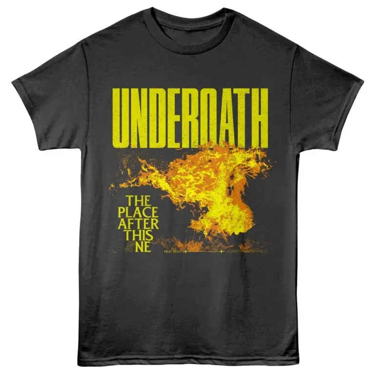 Vibrant black T-shirt featuring fiery Earth graphic with "UNDEROATH" and apocalyptic message.