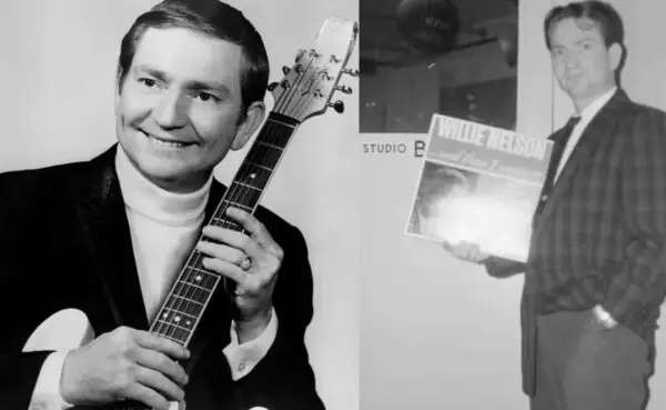 A black and white image of a man with a guitar and a vintage LP record, capturing a nostalgic music scene from the past.