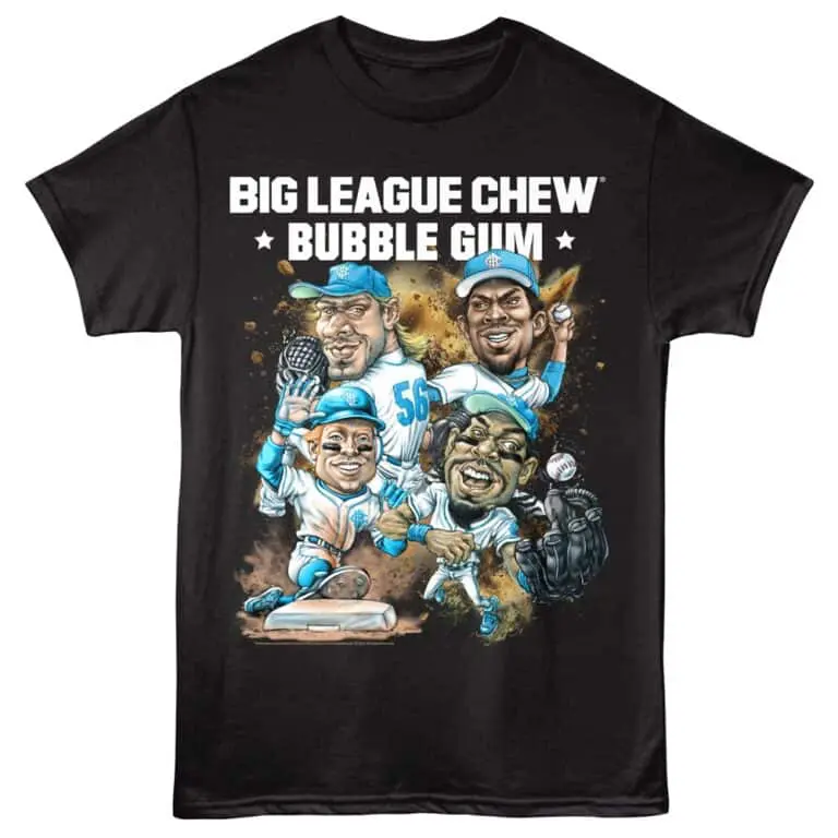 Colorful caricature of baseball players celebrating on a black tee, showcasing Big League Chew bubble gum theme.