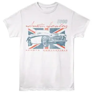 Vintage Austin Healey sports convertible car graphic on white T-shirt with Union Jack logo design.