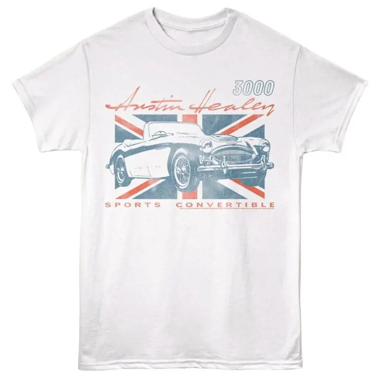 Vintage Austin Healey sports convertible car graphic on white T-shirt with Union Jack logo design.