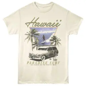 Vintage Hawaii surf t-shirt with palm trees, classic car, and surfer graphic for beach lovers.