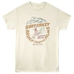 Vintage surf T-shirt with wave and surfer design from Acapulco Mexico. Perfect for surf lovers and beach enthusiasts.