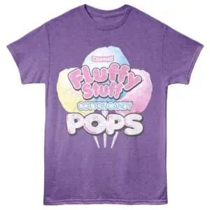 Colorful cotton candy graphic t-shirt with playful "Fluffy Stuff" design for fun, casual wear.