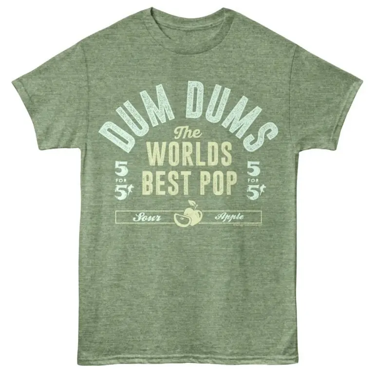 Vintage inspired green tee with humorous "Dumb Dums" pop design, perfect for casual or retro style.