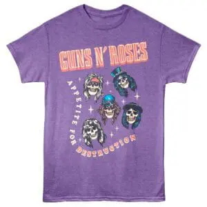 Vibrant purple Guns N' Roses graphic tee with skull and band member illustrations for rock music fans.